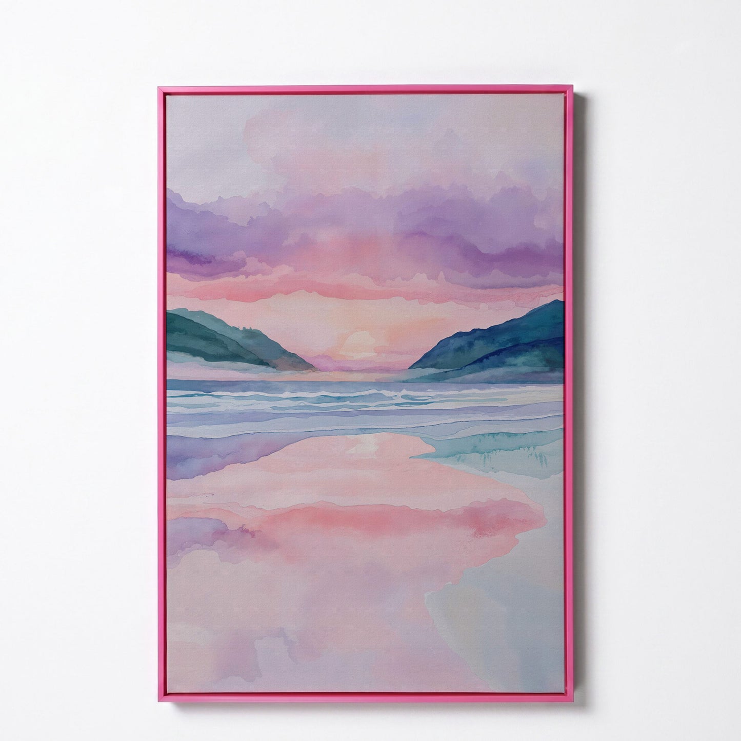 Abstract Seascape Canvas Art with Mountains and Sunset Glow in pink floating frame