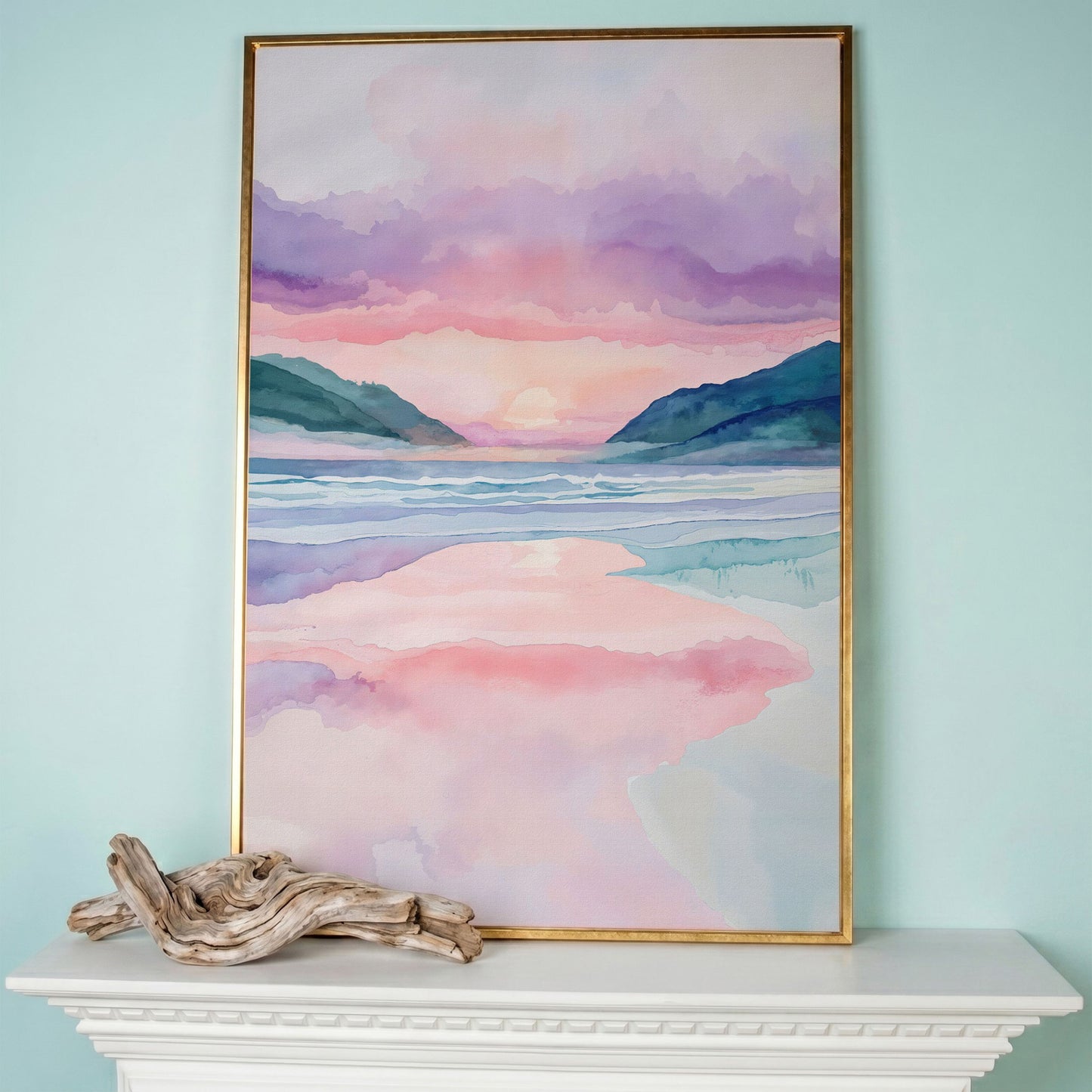 Abstract Seascape Canvas Art with Mountains and Sunset Glow in rose gold floating frame