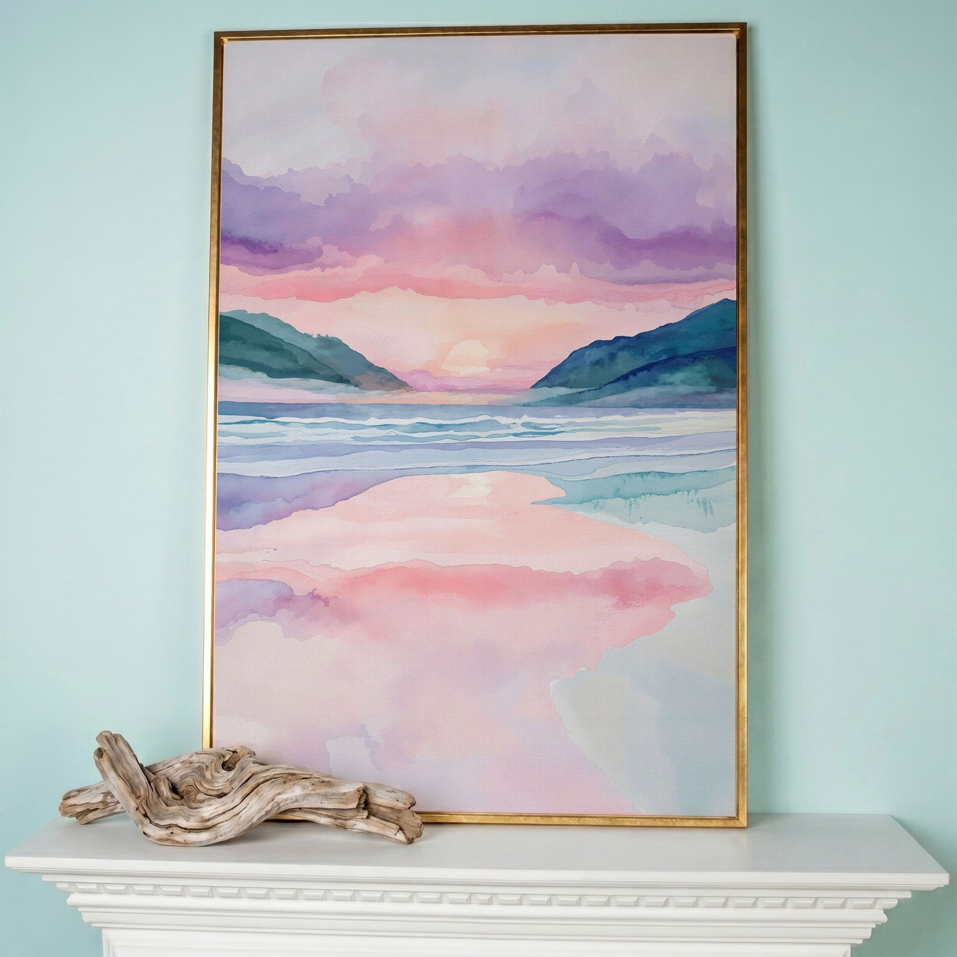 Abstract Seascape Canvas Art with Mountains and Sunset Glow in rose gold floating frame