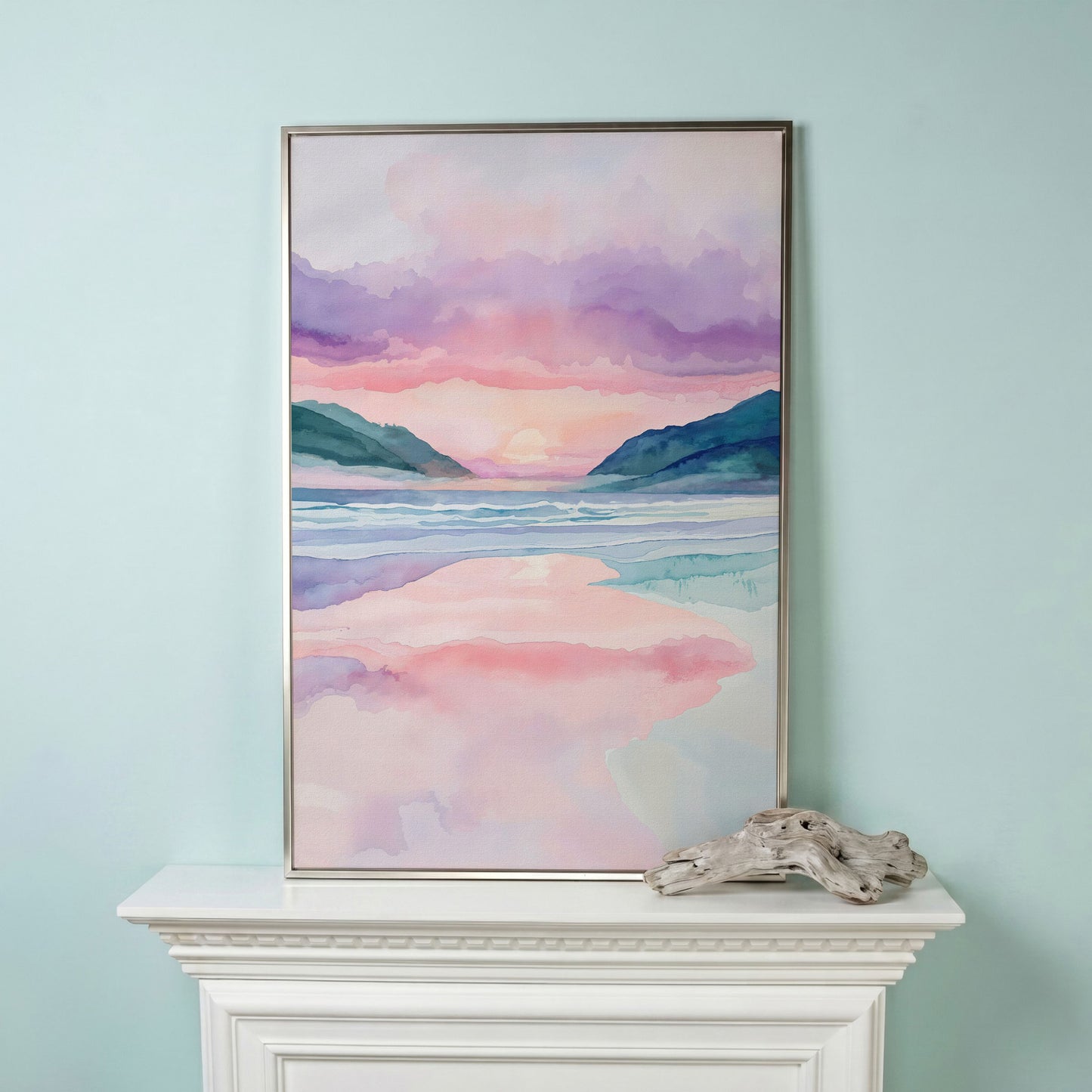 Abstract Seascape Canvas Art with Mountains and Sunset Glow in silver floating frame