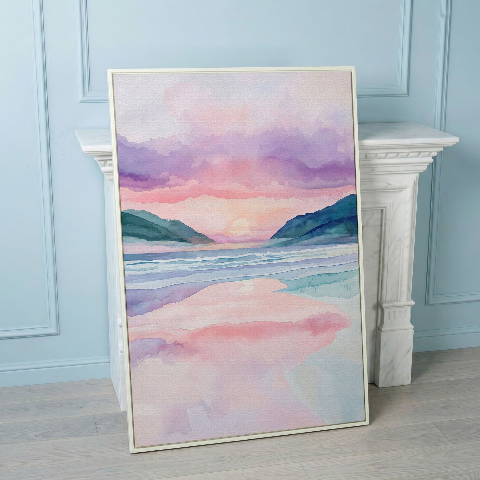 Abstract Seascape Canvas Art with Mountains and Sunset Glow in white floating frame
