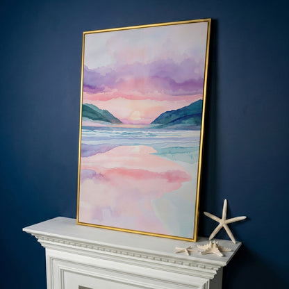 Abstract Seascape Canvas Art with Mountains and Sunset Glow in yellow gold floating frame