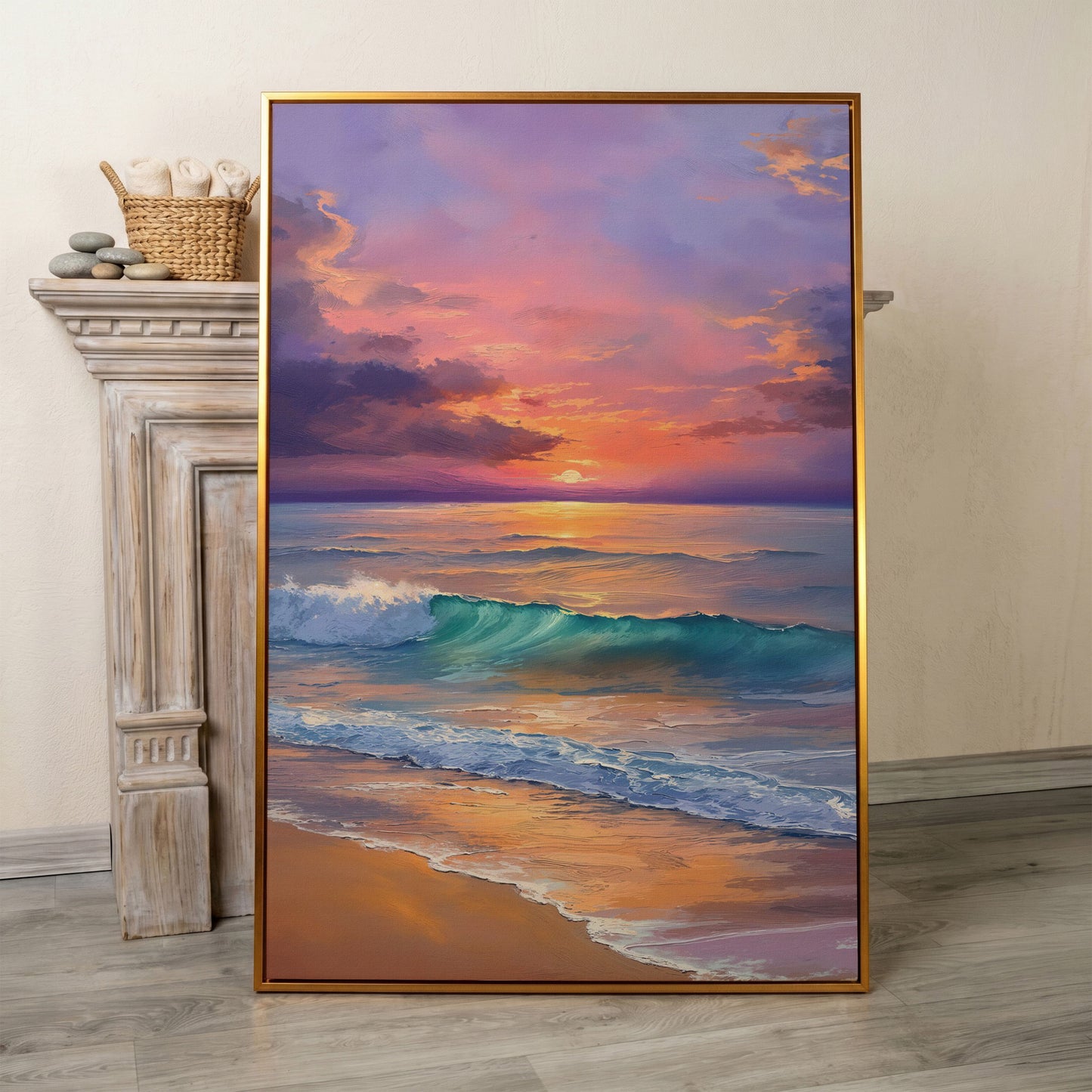 Sunset Wave Seascape Canvas Art, Ocean Wall Print in antique gold floating frame