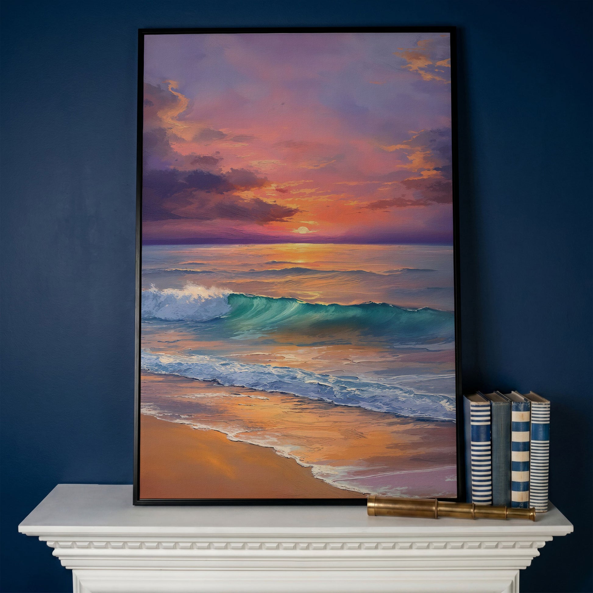 Sunset Wave Seascape Canvas Art, Ocean Wall Print in black floating frame