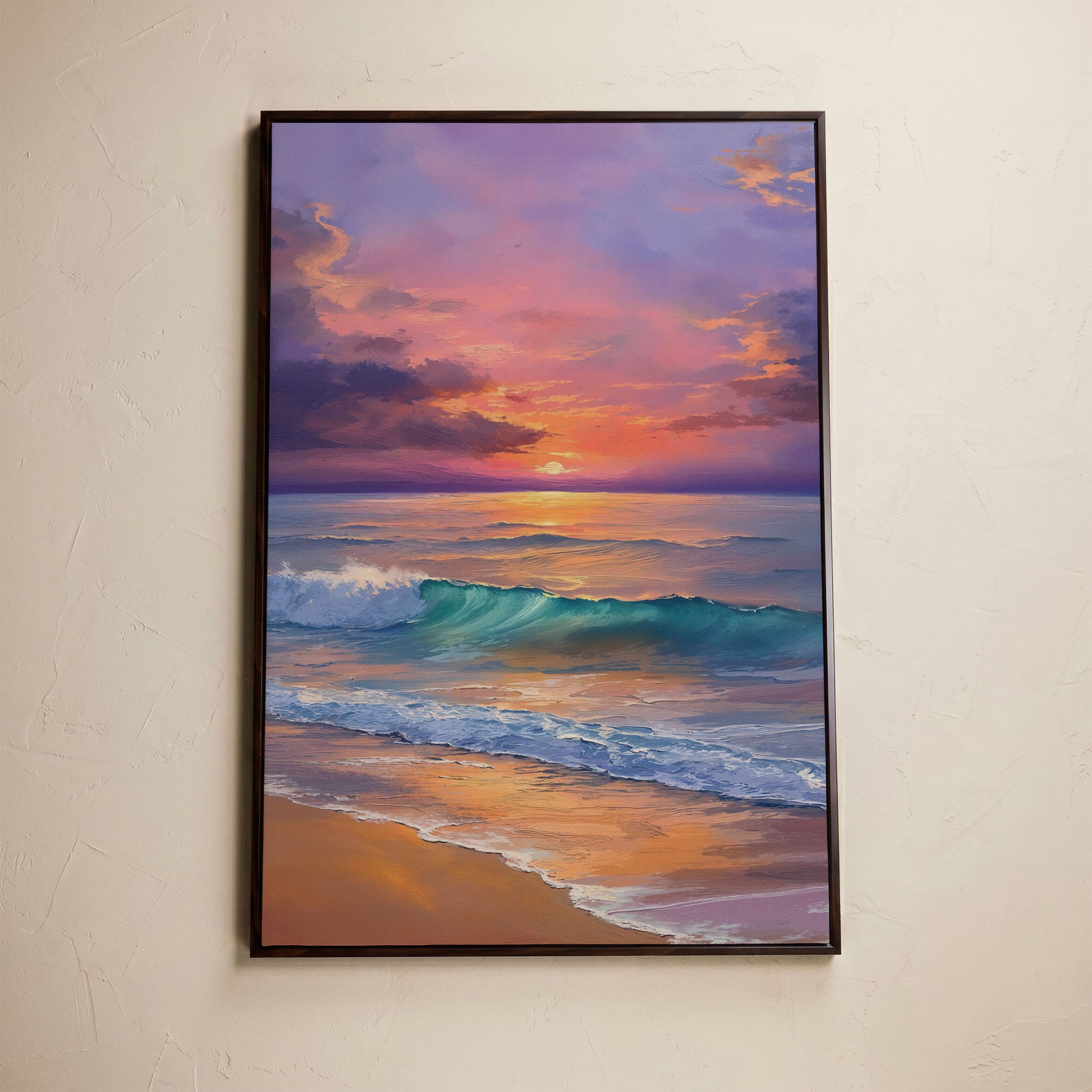 Sunset Wave Seascape Canvas Art, Ocean Wall Print in dark walnut floating frame