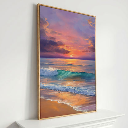 Sunset Wave Seascape Canvas Art, Ocean Wall Print in white oak floating frame