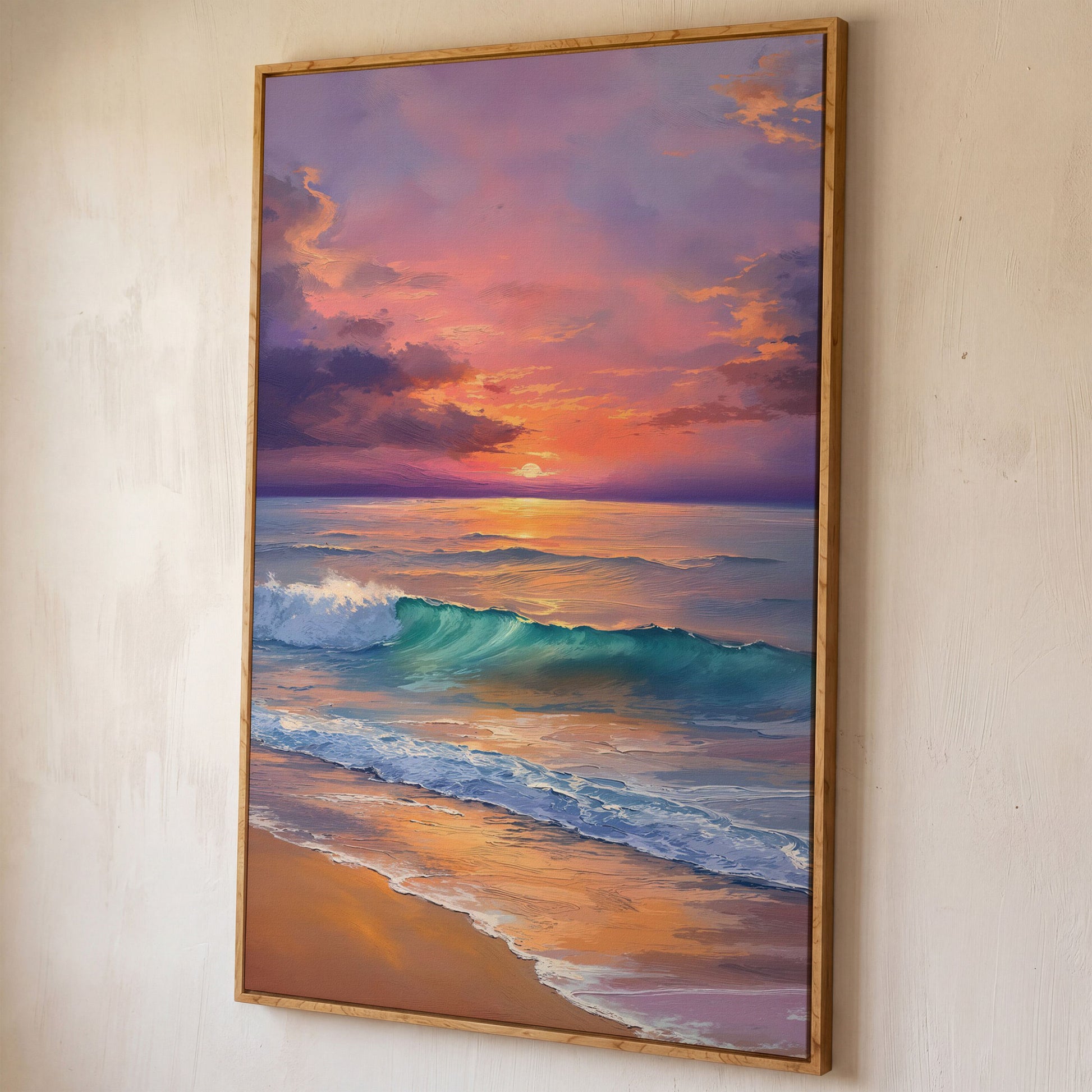 Sunset Wave Seascape Canvas Art, Ocean Wall Print shown in white oak floating frame