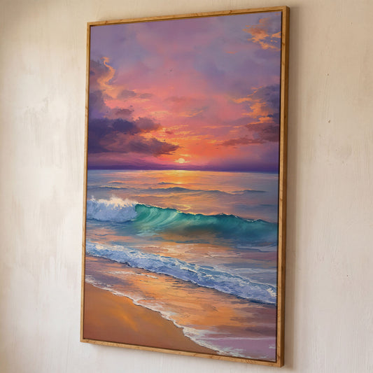Sunset Wave Seascape Canvas Art, Ocean Wall Print shown in white oak floating frame