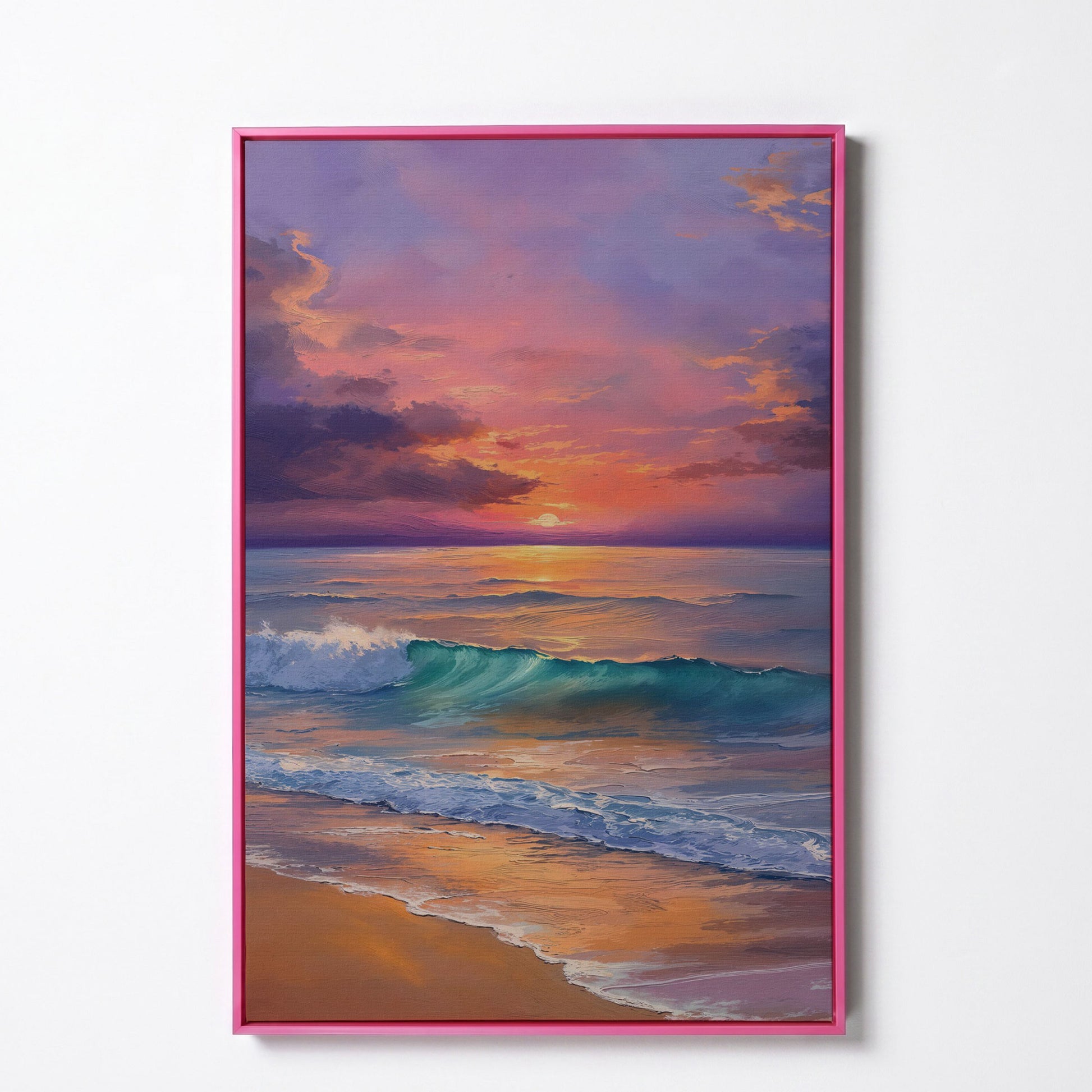Sunset Wave Seascape Canvas Art, Ocean Wall Print in pink floating frame