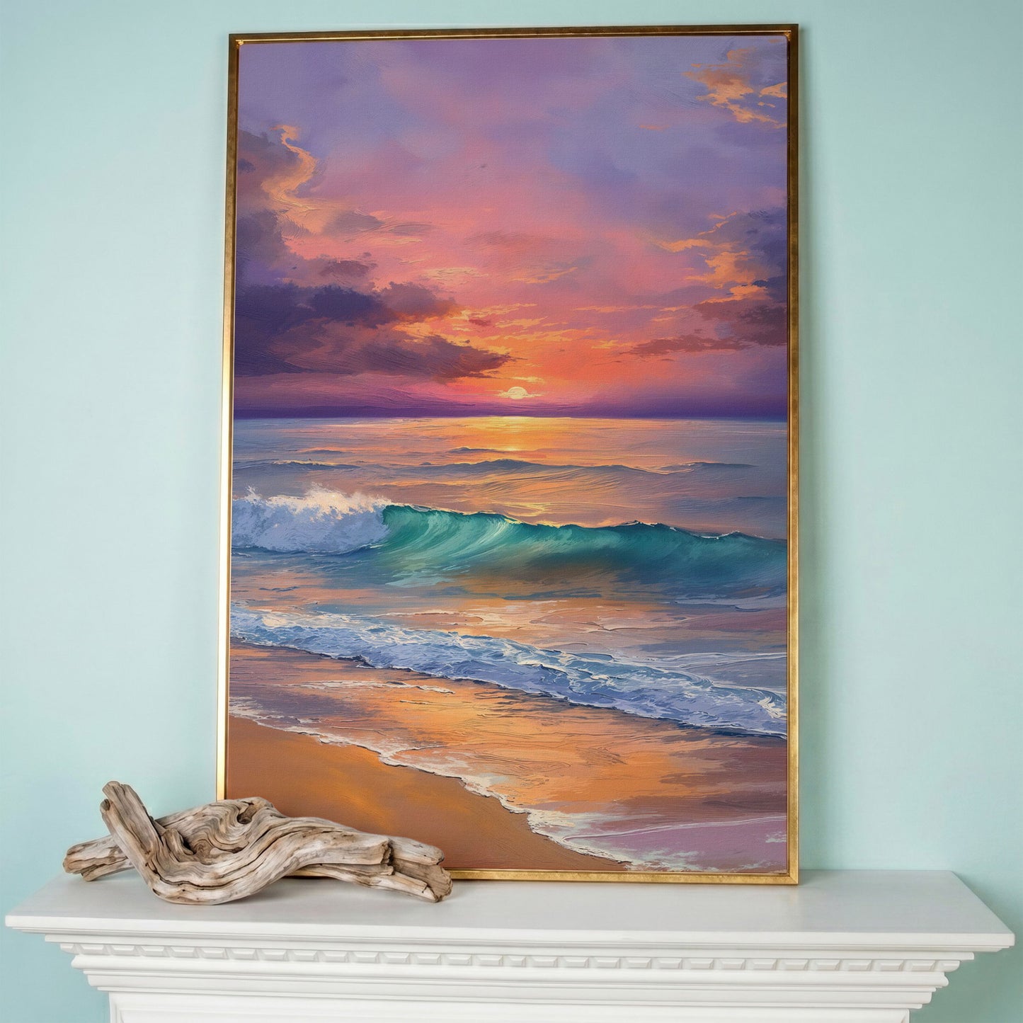 Sunset Wave Seascape Canvas Art, Ocean Wall Print in rose gold floating frame
