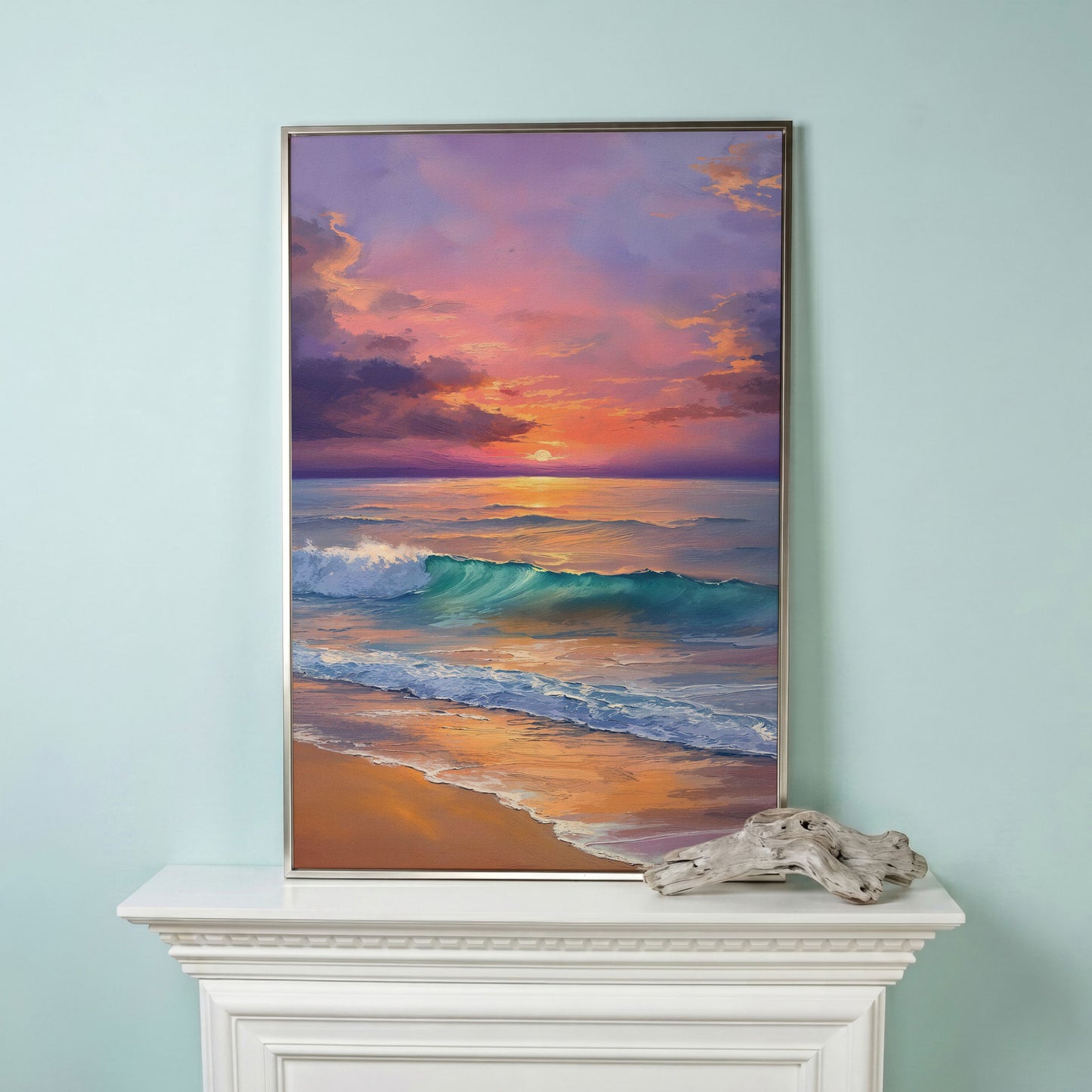 Sunset Wave Seascape Canvas Art, Ocean Wall Print in silver floating frame