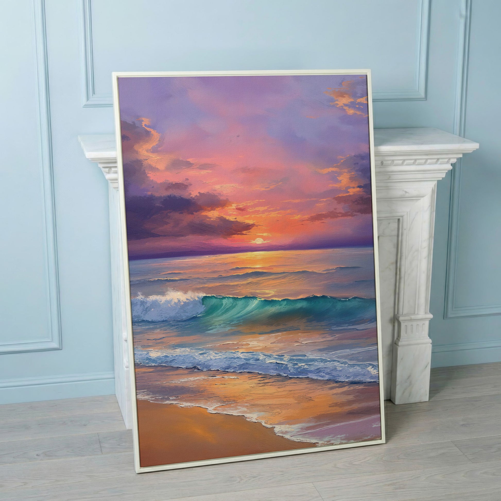 Sunset Wave Seascape Canvas Art, Ocean Wall Print in white floating frame