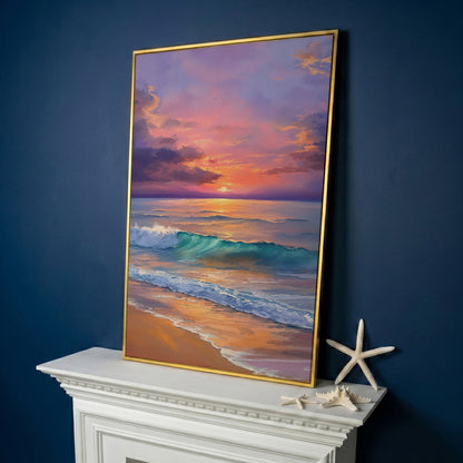 Sunset Wave Seascape Canvas Art, Ocean Wall Print in yellow gold floating frame