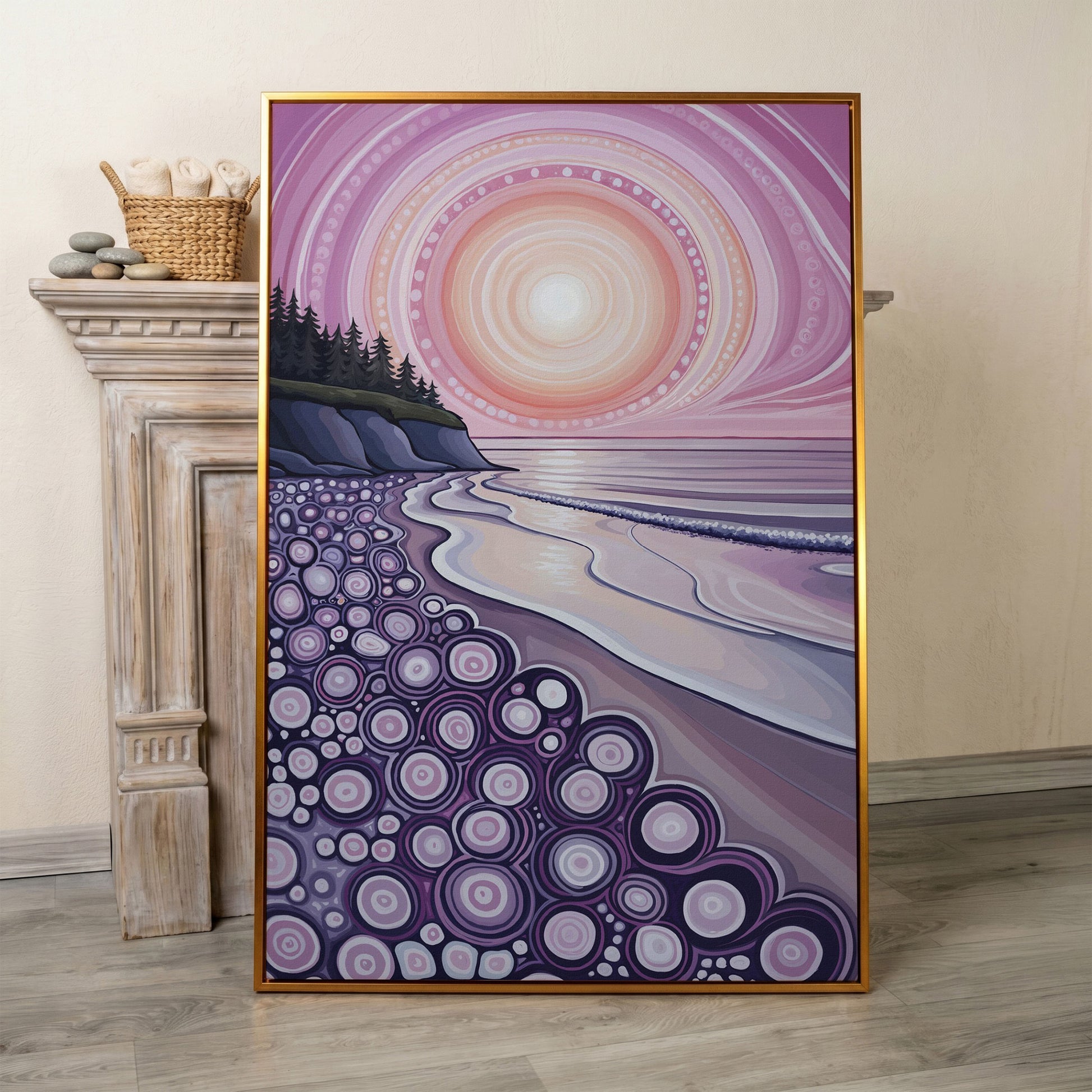 Abstract Coastal Sunset Canvas Art with Patterned Shoreline in antique gold floating frame