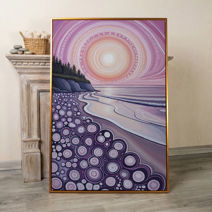 Abstract Coastal Sunset Canvas Art with Patterned Shoreline in antique gold floating frame