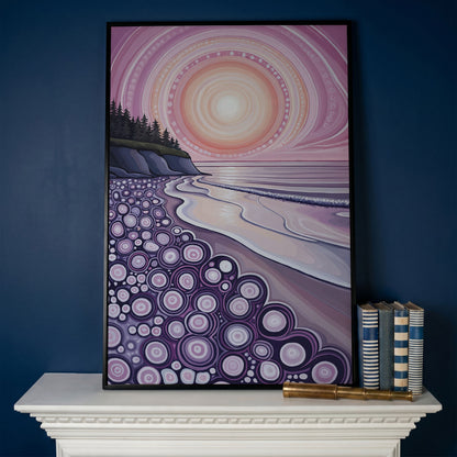 Abstract Coastal Sunset Canvas Art with Patterned Shoreline in black floating frame