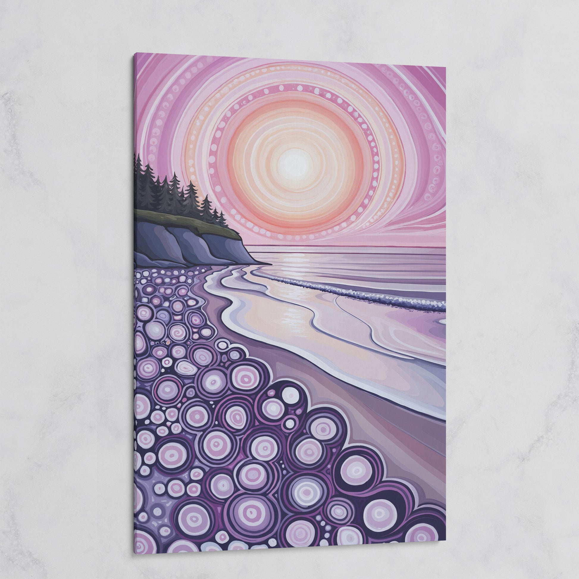 Abstract Coastal Sunset Canvas Art with Patterned Shoreline on gallery wrap