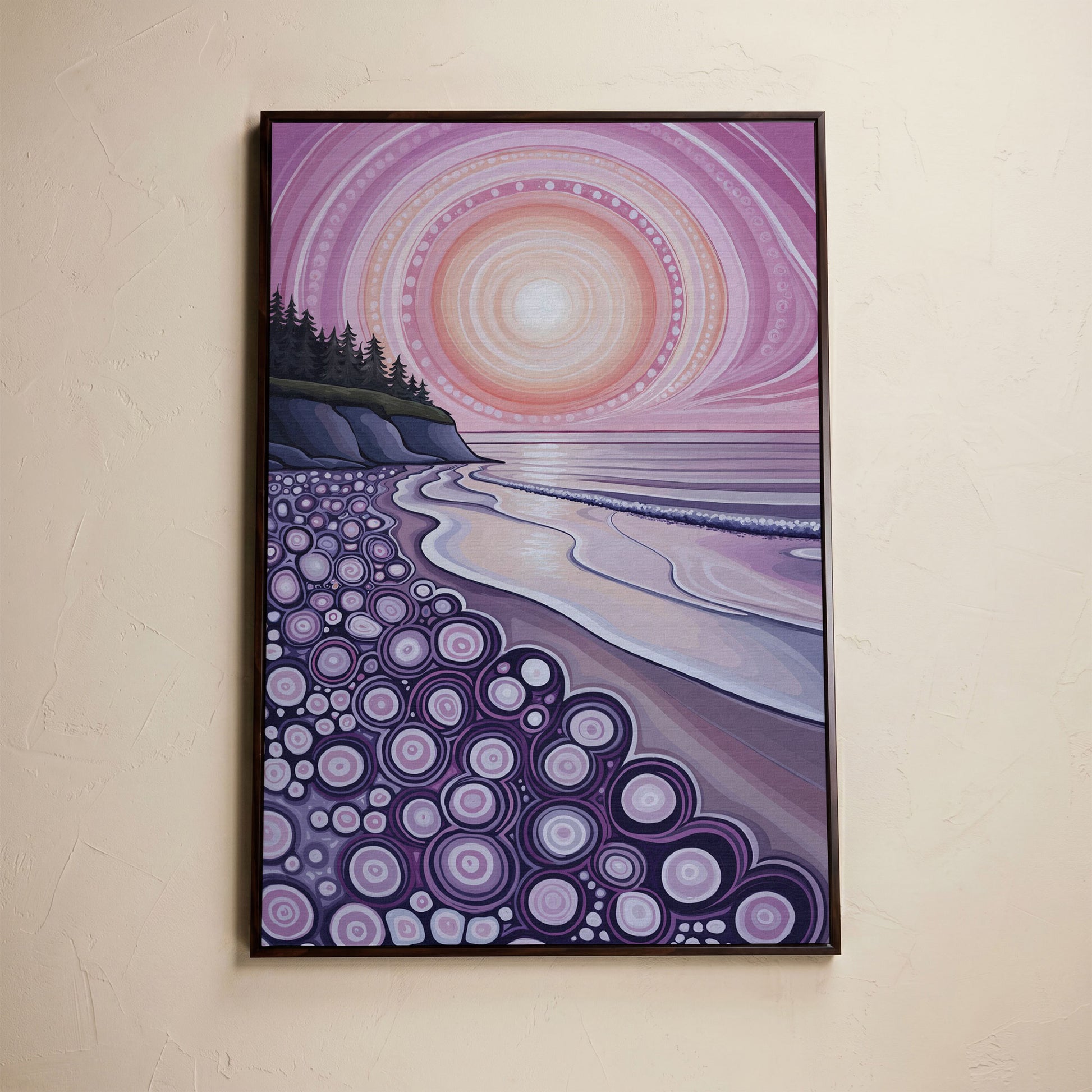 Abstract Coastal Sunset Canvas Art with Patterned Shoreline in dark walnut floating frame