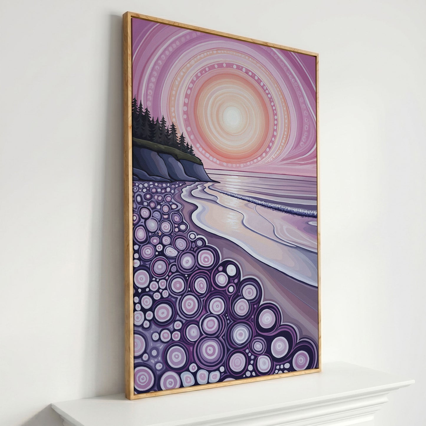 Abstract Coastal Sunset Canvas Art with Patterned Shoreline in white oak floating frame