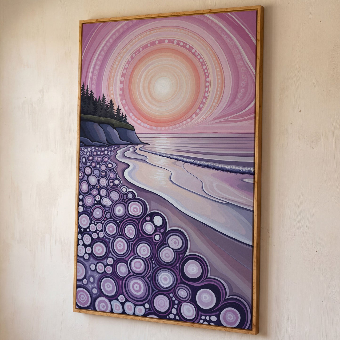 Abstract Coastal Sunset Canvas Art with Patterned Shoreline shown in white oak floating frame