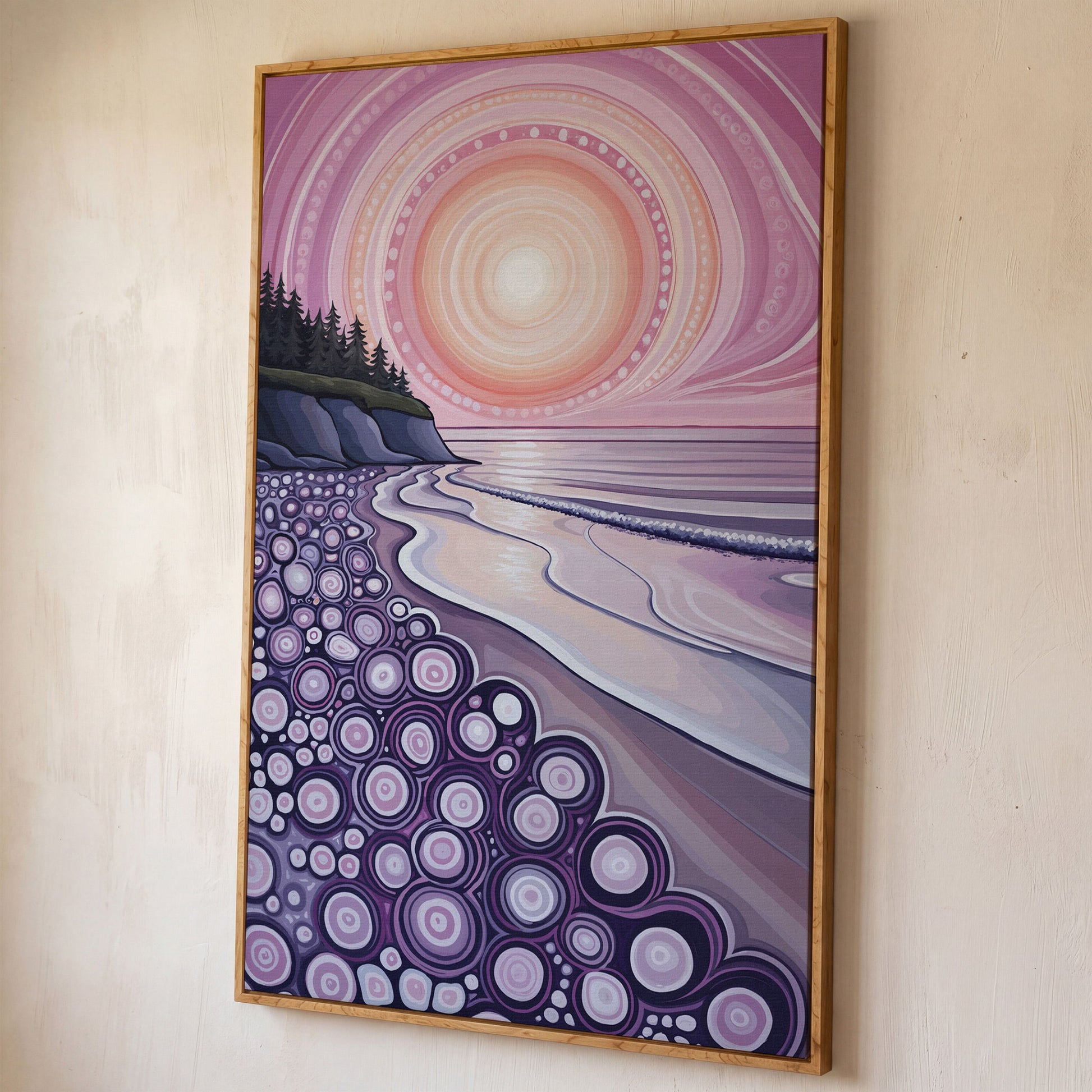 Abstract Coastal Sunset Canvas Art with Patterned Shoreline shown in white oak floating frame