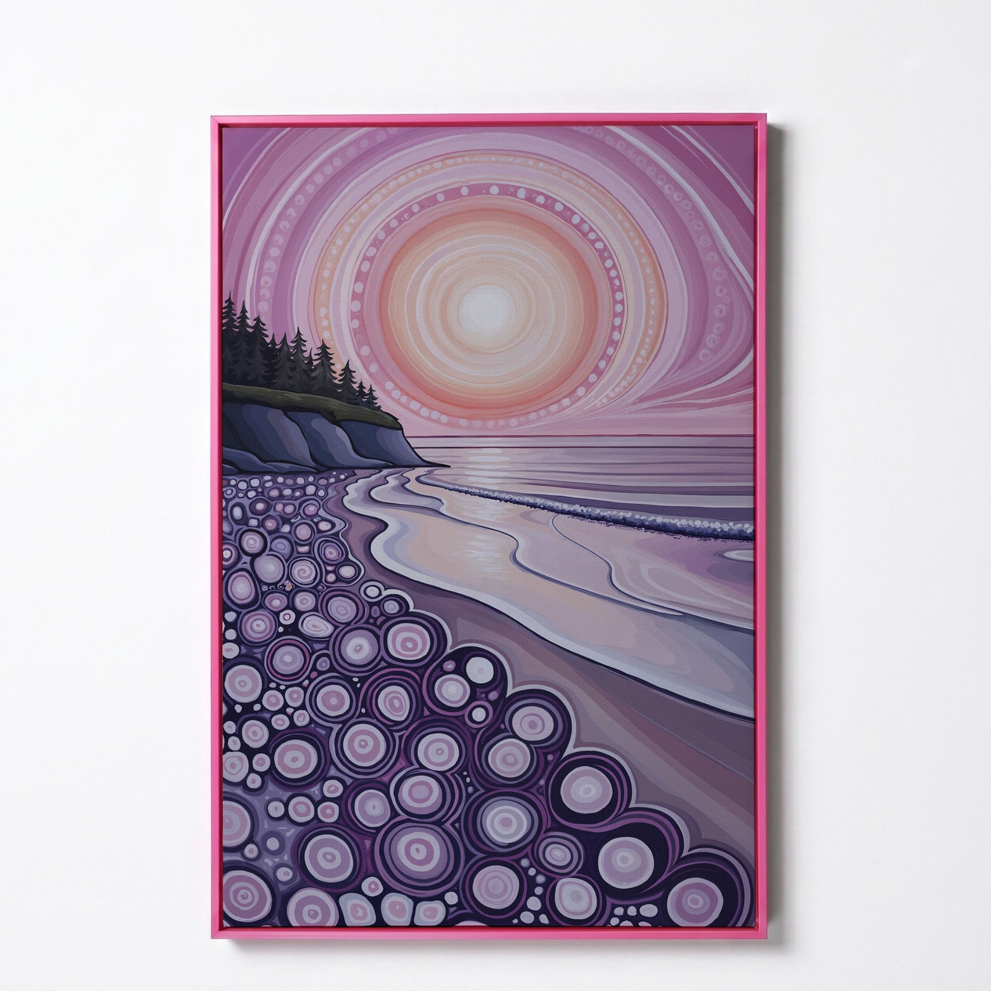 Abstract Coastal Sunset Canvas Art with Patterned Shoreline in pink floating frame