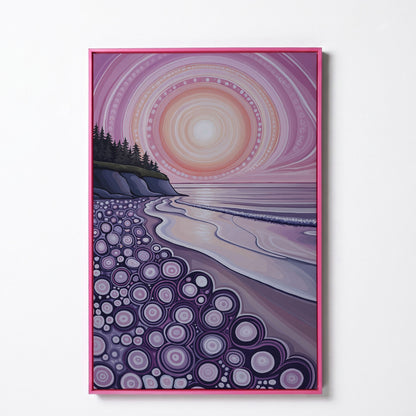 Abstract Coastal Sunset Canvas Art with Patterned Shoreline in pink floating frame