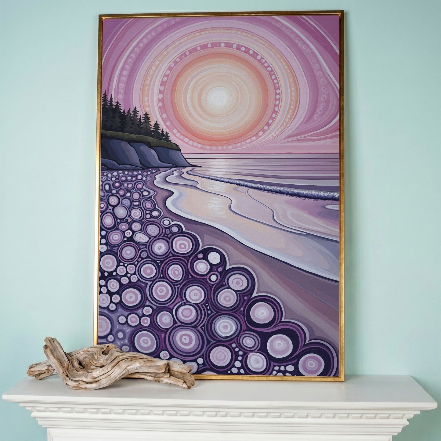 Abstract Coastal Sunset Canvas Art with Patterned Shoreline in rose gold floating frame