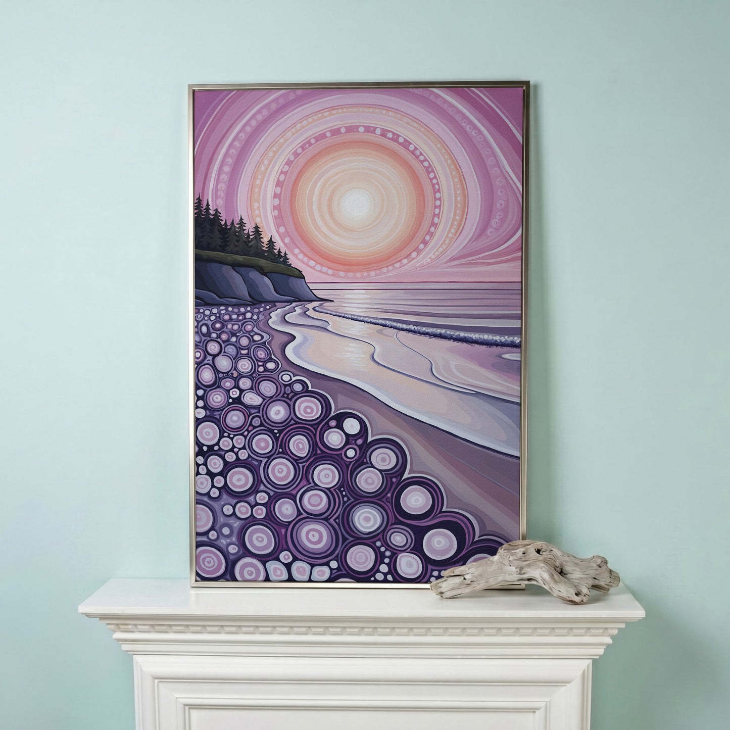 Abstract Coastal Sunset Canvas Art with Patterned Shoreline in silver floating frame