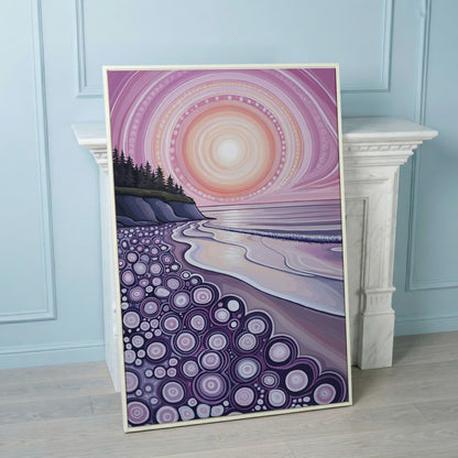 Abstract Coastal Sunset Canvas Art with Patterned Shoreline in white floating frame