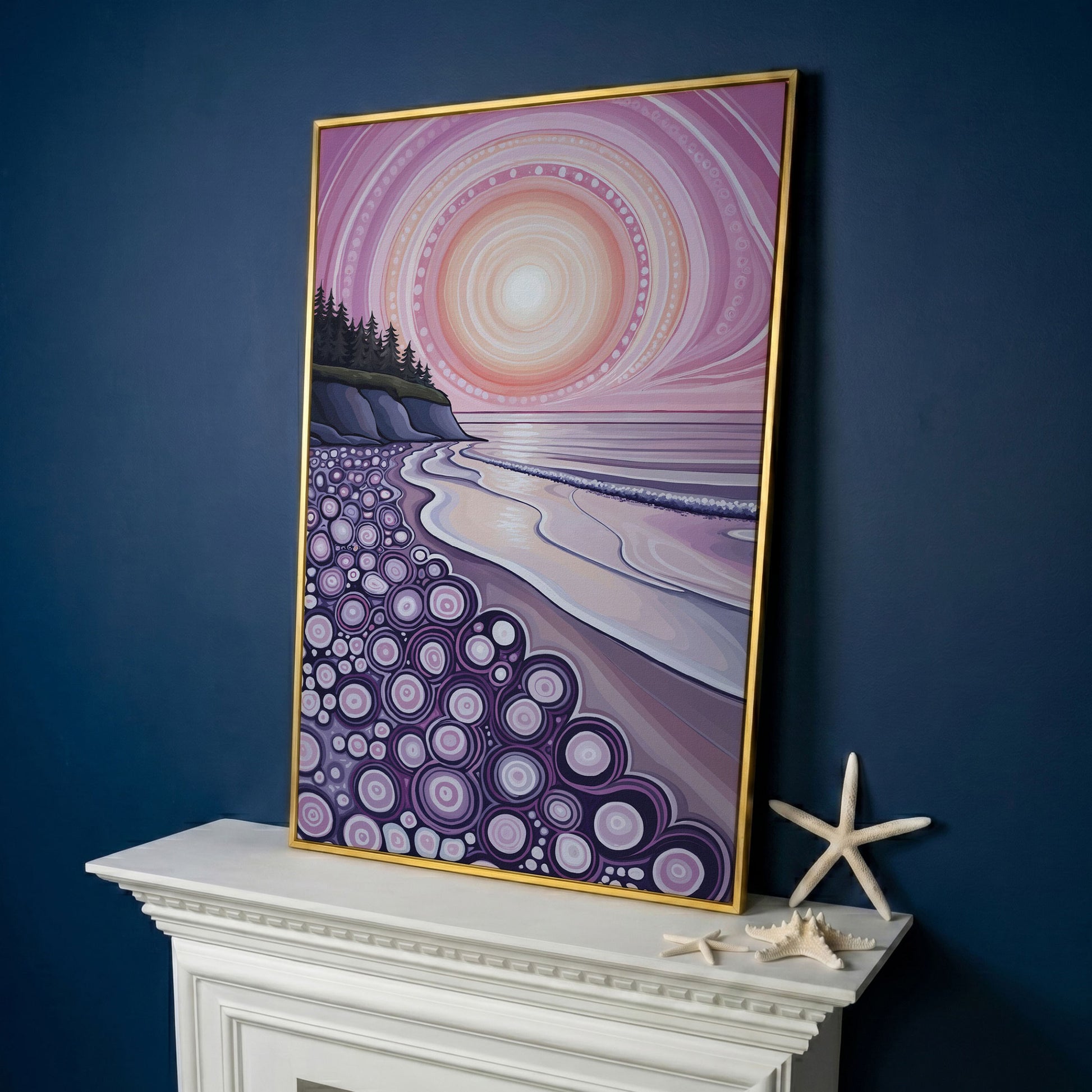 Abstract Coastal Sunset Canvas Art with Patterned Shoreline in yellow gold floating frame