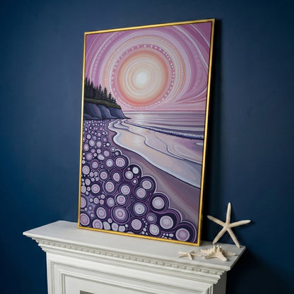 Abstract Coastal Sunset Canvas Art with Patterned Shoreline in yellow gold floating frame