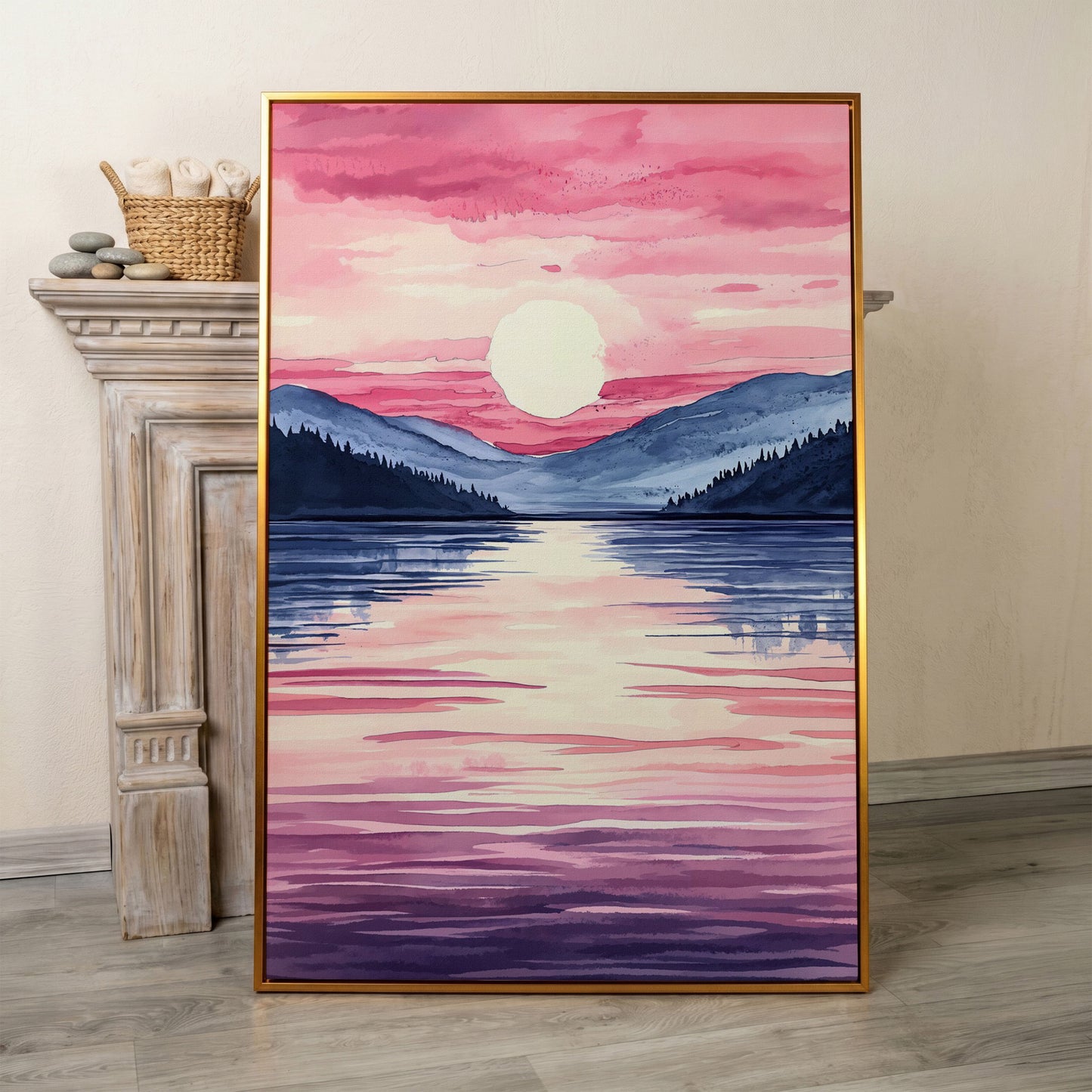 Sunset Over Mountain Lake. Watercolor Landscape Canvas Art in antique gold floating frame