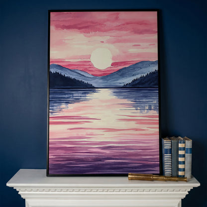 Sunset Over Mountain Lake. Watercolor Landscape Canvas Art in black floating frame