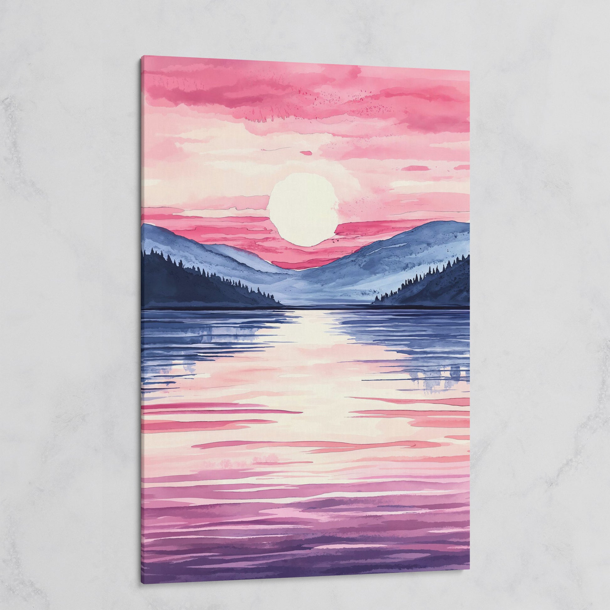 Sunset Over Mountain Lake. Watercolor Landscape Canvas Art on gallery wrap