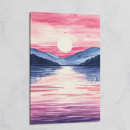 Sunset Over Mountain Lake. Watercolor Landscape Canvas Art on gallery wrap