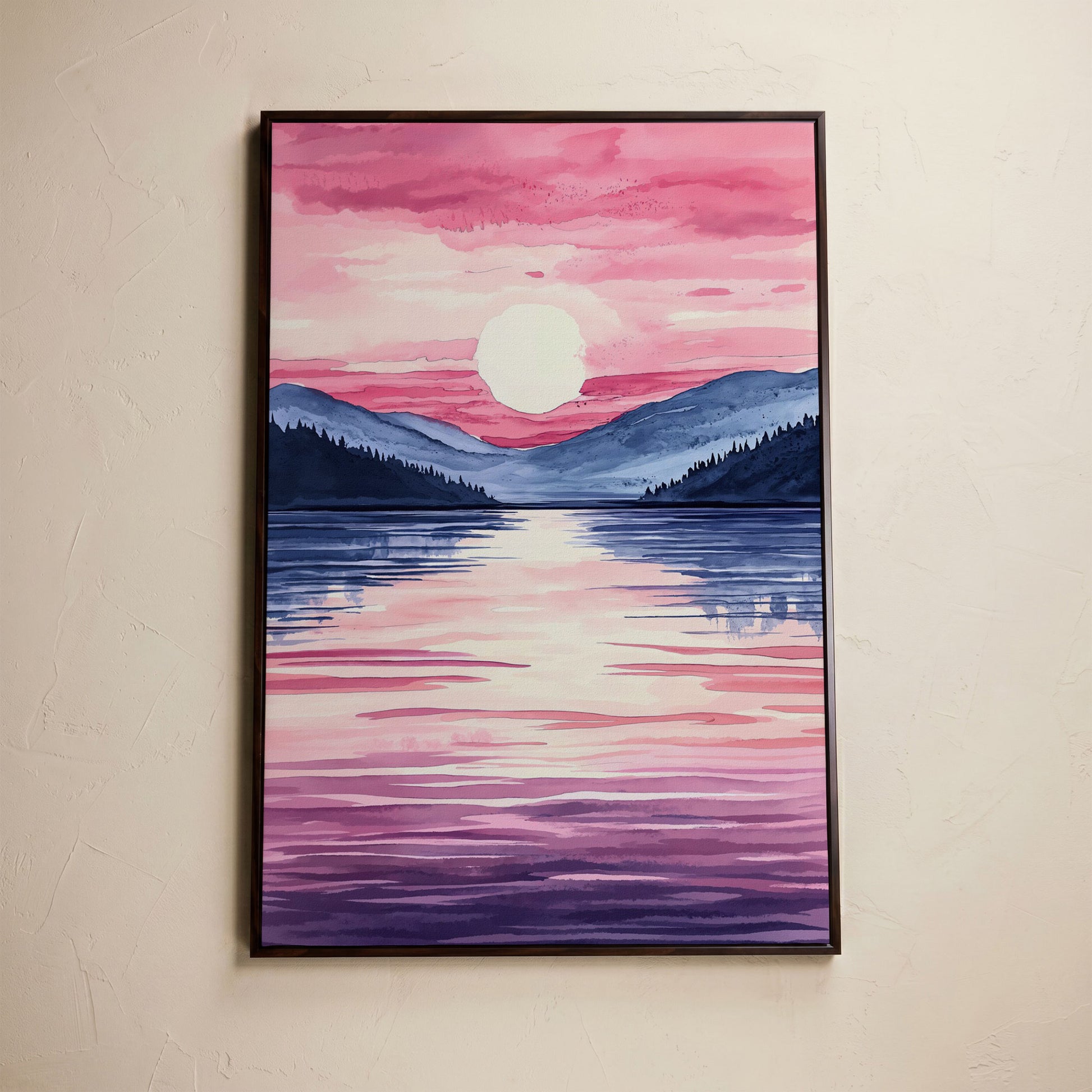 Sunset Over Mountain Lake. Watercolor Landscape Canvas Art in dark walnut floating frame