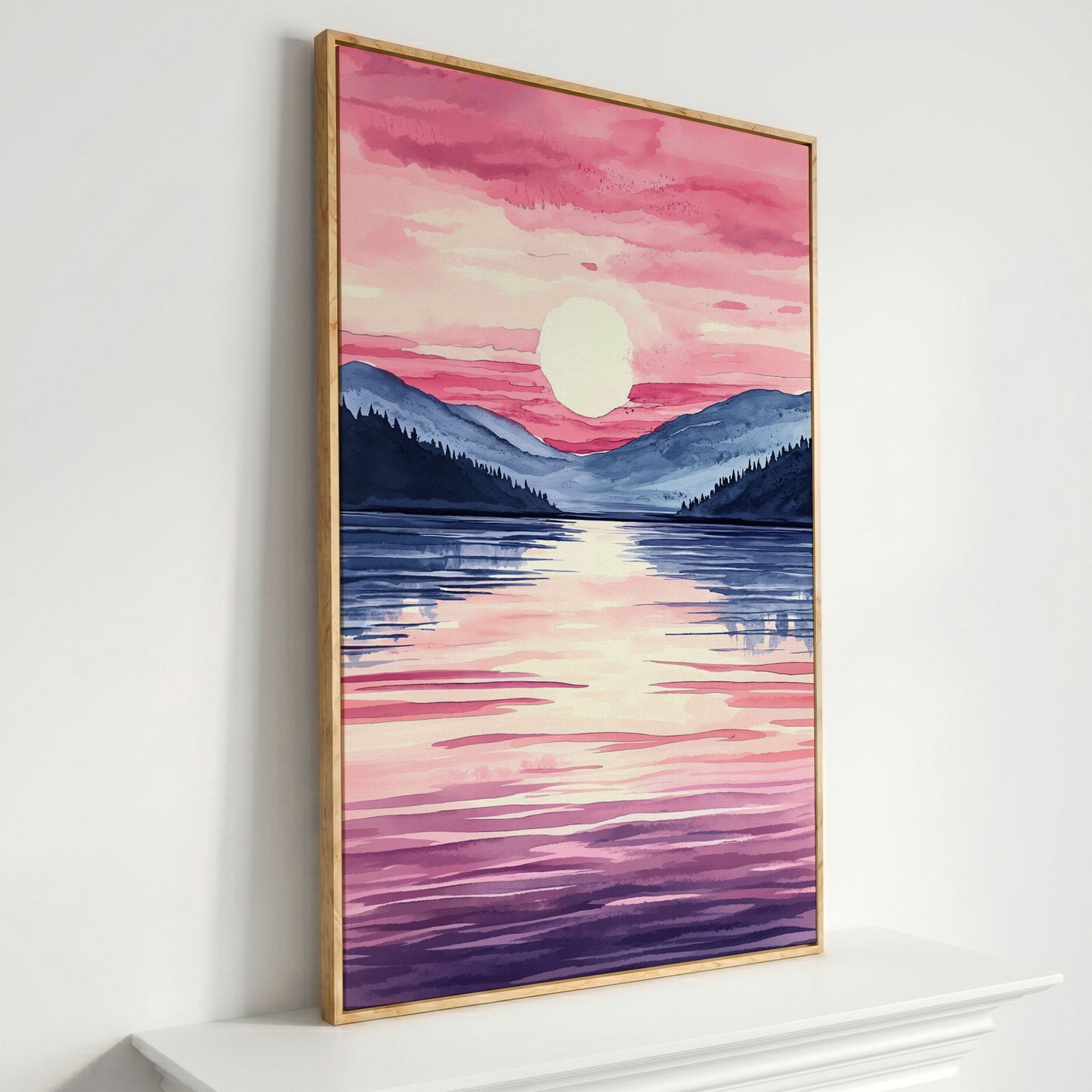 Sunset Over Mountain Lake. Watercolor Landscape Canvas Art in white oak floating frame