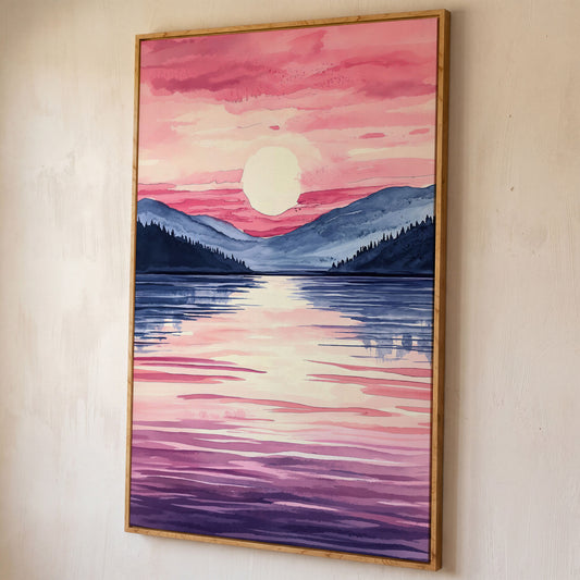 Sunset Over Mountain Lake. Watercolor Landscape Canvas Art shown in white oak floating frame