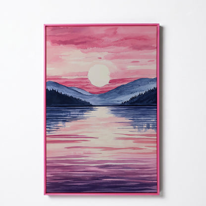 Sunset Over Mountain Lake. Watercolor Landscape Canvas Art in pink floating frame