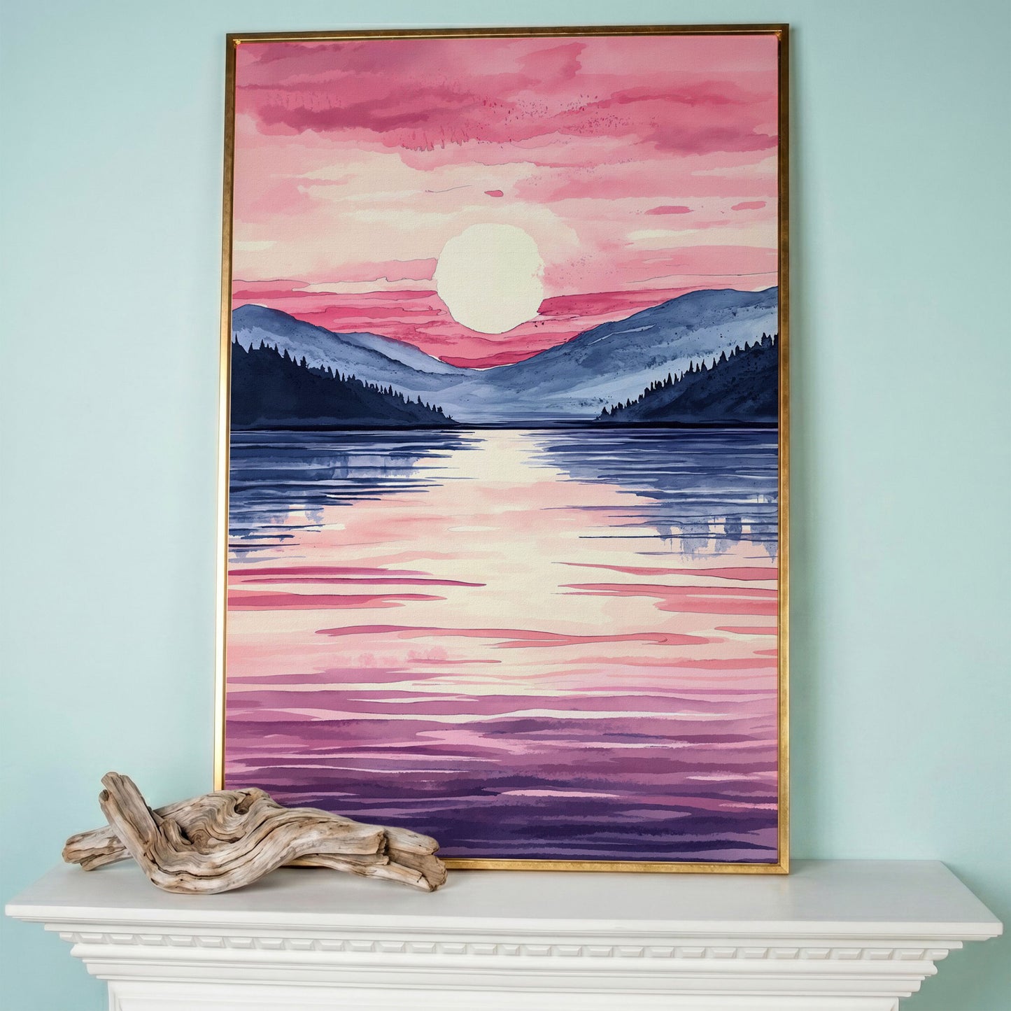 Sunset Over Mountain Lake. Watercolor Landscape Canvas Art in rose gold floating frame