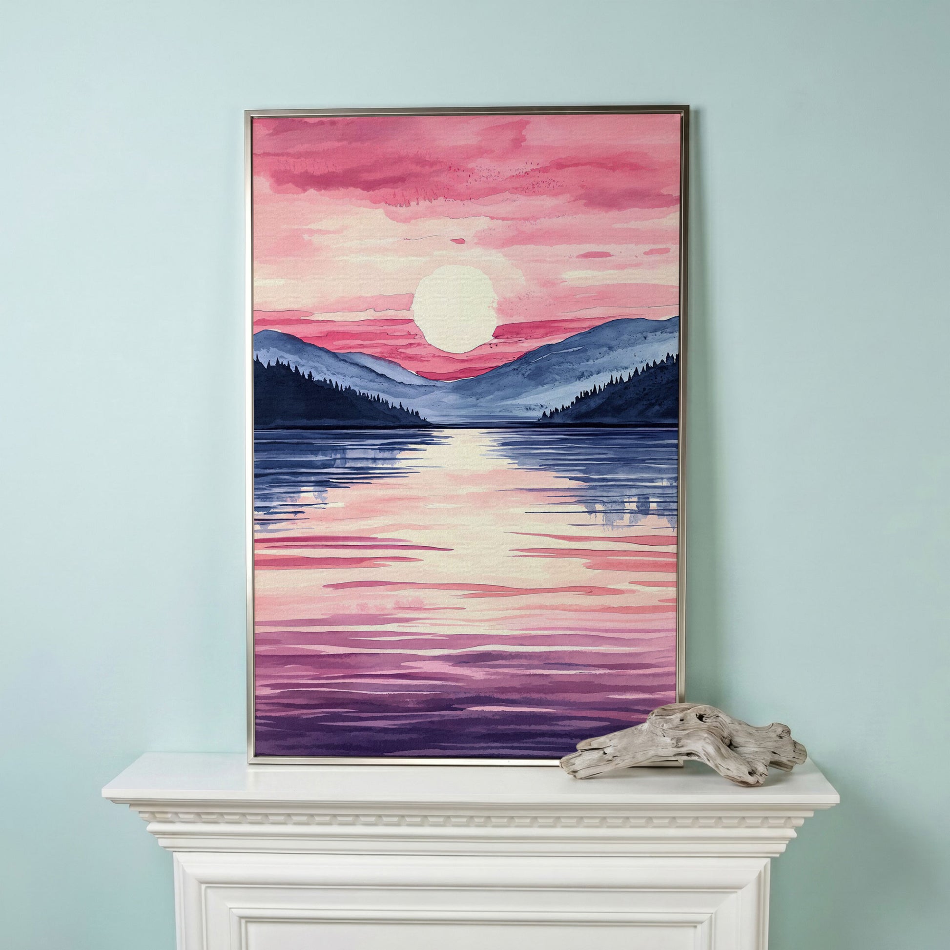 Sunset Over Mountain Lake. Watercolor Landscape Canvas Art in silver floating frame