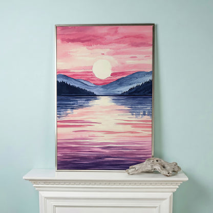 Sunset Over Mountain Lake. Watercolor Landscape Canvas Art in silver floating frame