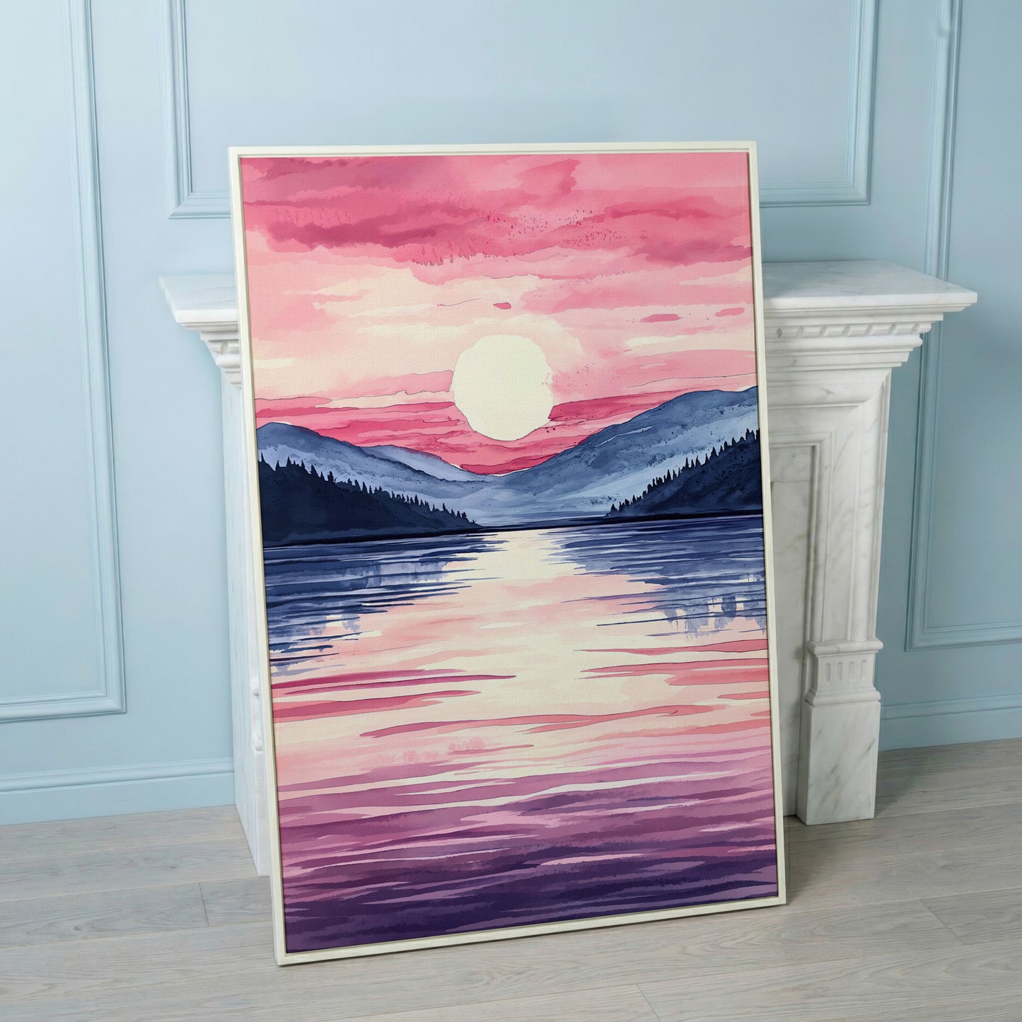 Sunset Over Mountain Lake. Watercolor Landscape Canvas Art in white floating frame