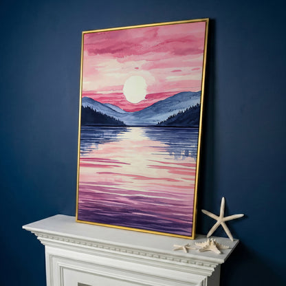 Sunset Over Mountain Lake. Watercolor Landscape Canvas Art in yellow gold floating frame