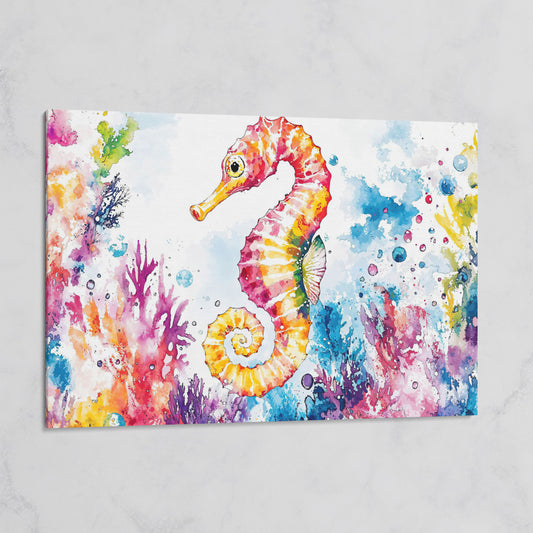 Watercolor Seahorse and Coral Canvas Wall Art on gallery wrap