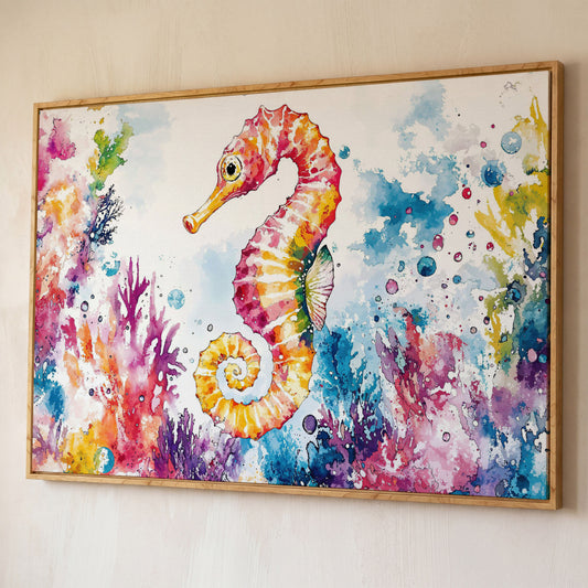Watercolor Seahorse and Coral Canvas Wall Art shown in white oak floating frame