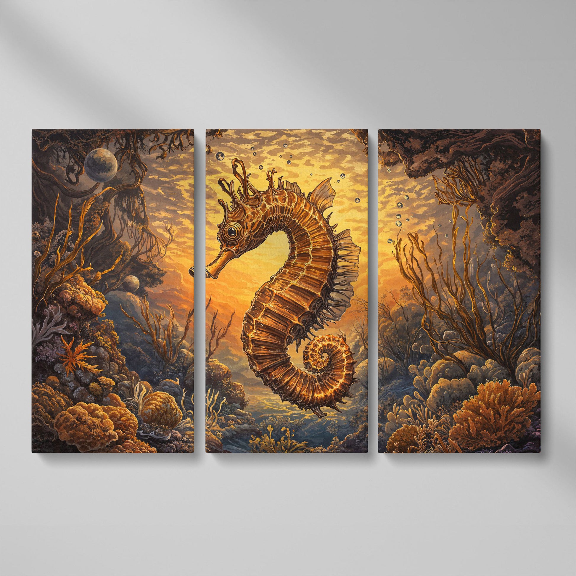 Seahorse and Coral Reef Underwater Scene Canvas Art as 3-panel split version