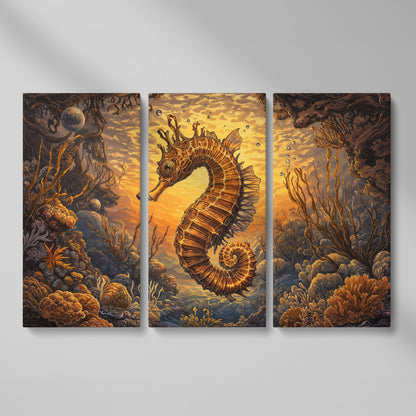 Seahorse and Coral Reef Underwater Scene Canvas Art as 3-panel split version