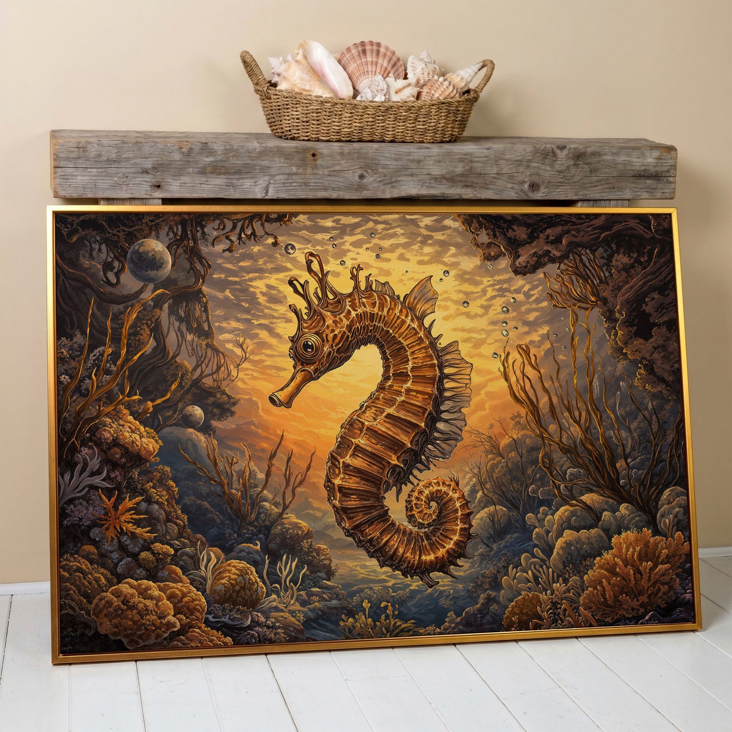 Seahorse and Coral Reef Underwater Scene Canvas Art in antique gold floating frame